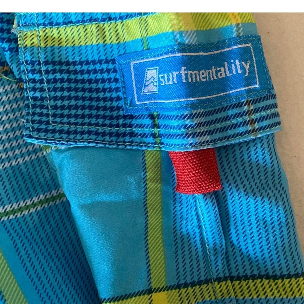 Surfmentality Swim Trunks Mens S Blue Green Plaid Cargo Board‎ Shorts